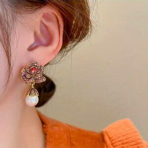 NEW Geneva Pink Crystal Rose Pearl Drop Luxe Statement Earrings